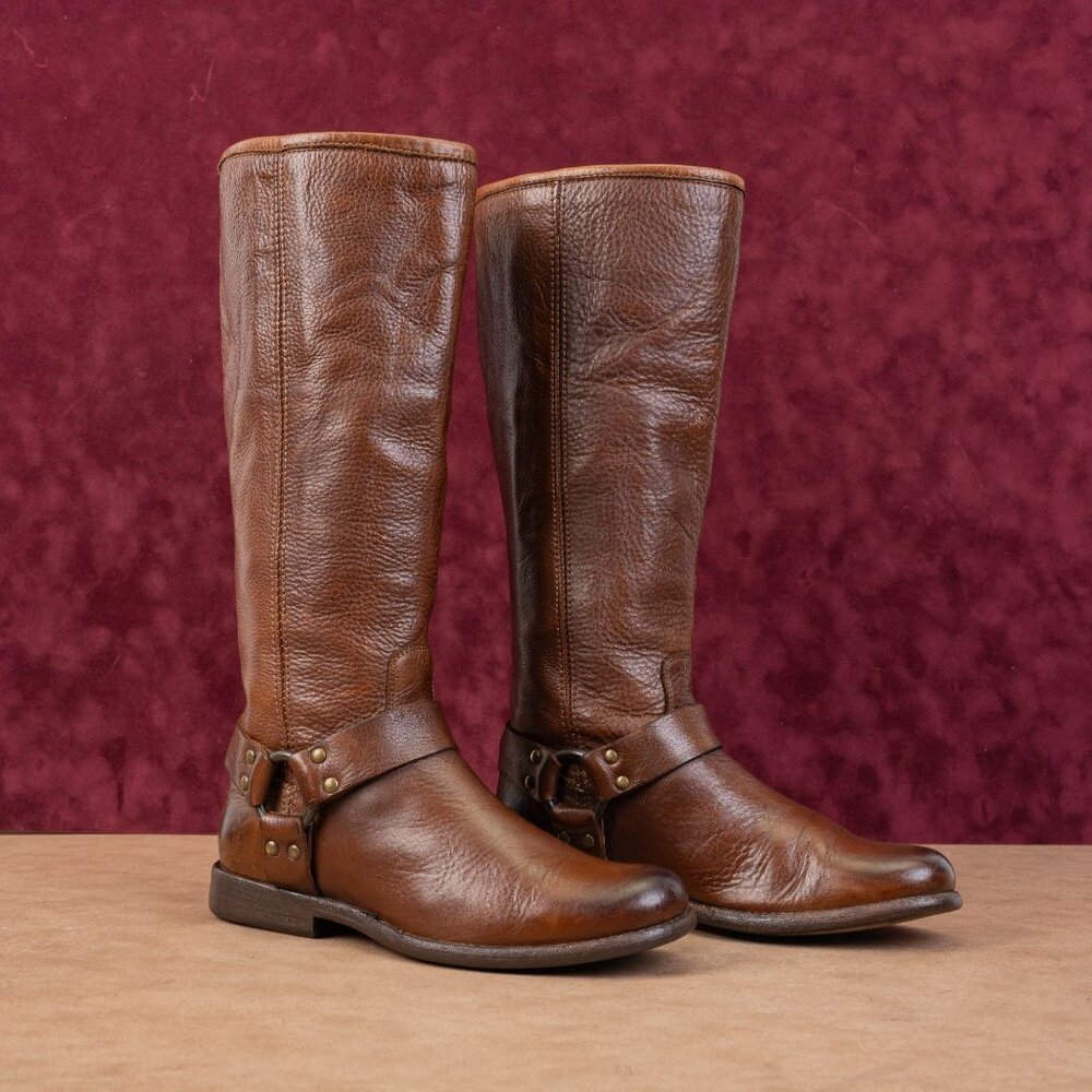 Frye Wmn Phillip Moto Back Zip Dark Brown Leather Harness Moto Riding Boots 6.5